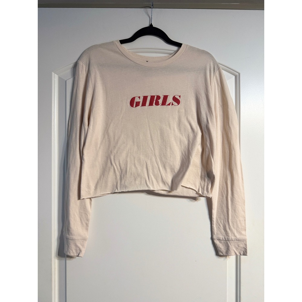 Kendall + Kylie Girls Graphic Tee M Cream Cropped Raw Hem Long Sleeve Trendy